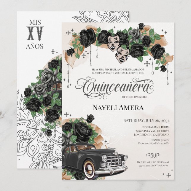 Invitation Chicana Lowrider Rose noir Chola Quinceanera (Devant / Derrière)