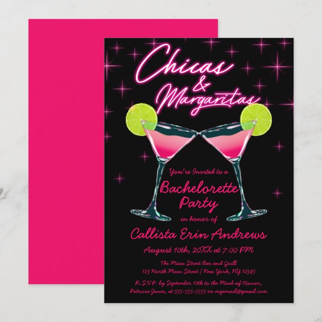 Invitation Chicas et Margaritas Neon Bachelorette Rose (Devant / Derrière)