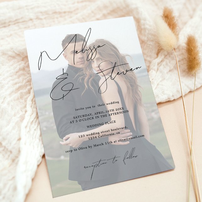 Invitation Chics noms script calligraphie photo mariage (Chic names script calligraphy photo wedding invitation black on white)