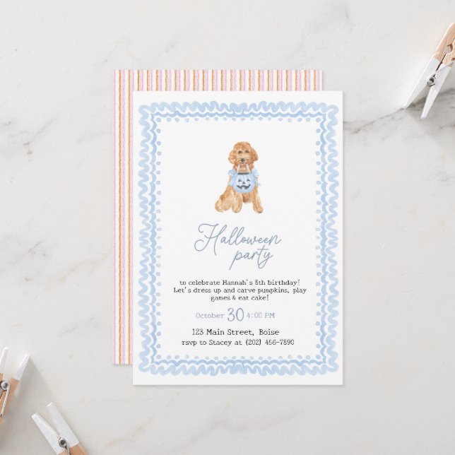 Invitation Chien Blue Preppy Citrouille Halloween Party (Devant/Arrière en situation)