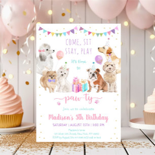 Invitation Chien Chien rose Fille Paw-ty Anniversaire