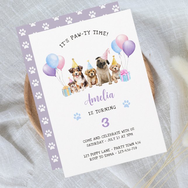 Invitation Chien chiot Anniversaire fête Purple Aquarelle (Créateur téléchargé)