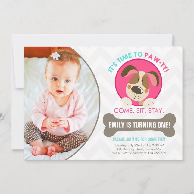 Invitation chien chiot chevron rose turquoise (Devant)