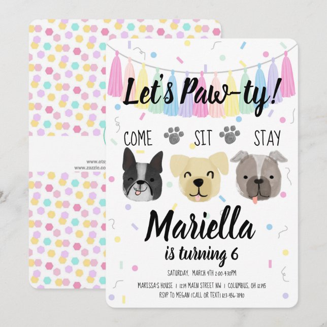 Invitation Chien chiot fille Anniversaire Pawty (Devant / Derrière)