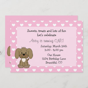 Invitation Chien coquelicot mignon, Coeurs blancs sur rose 1e