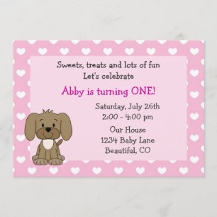 Invitation Chien coquelicot mignon et coeurs filles rose 1er