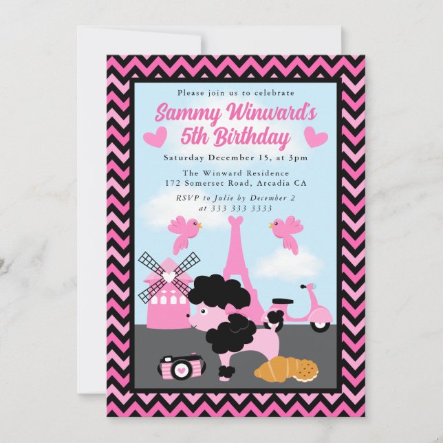 Invitation Chien de caniche glamour à Paris Anniversaire de e (Devant)