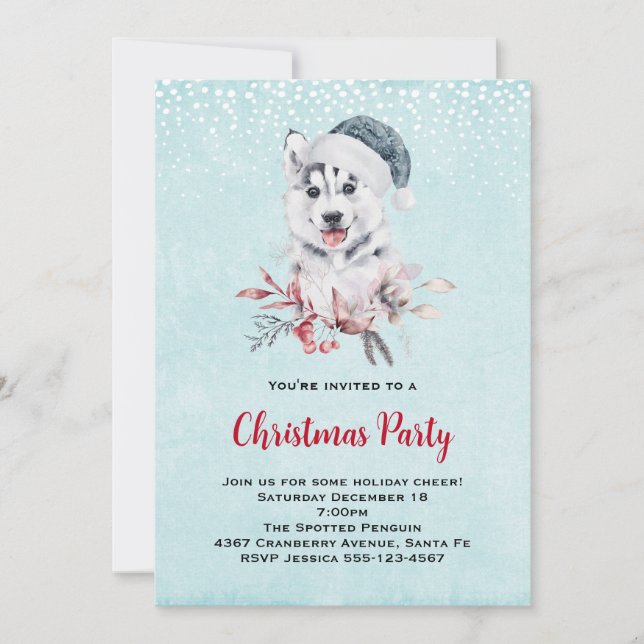 Invitation Chien de Noël Husky dans un chapeau de Père Noël (Devant)