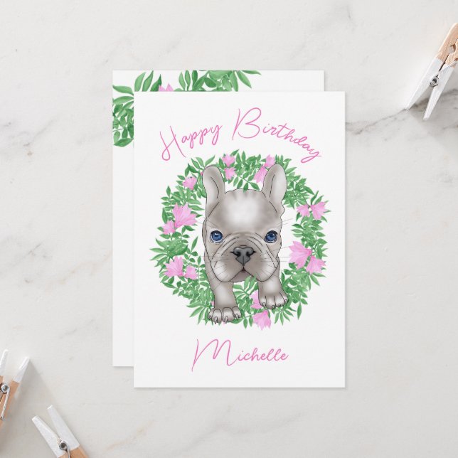 Invitation Chien de taureau français avec couronne de fleurs (Devant/Arrière en situation)