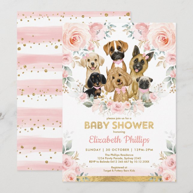 Invitation Chien Fille Baby shower Blush Rose Floral Puppies (Devant / Derrière)