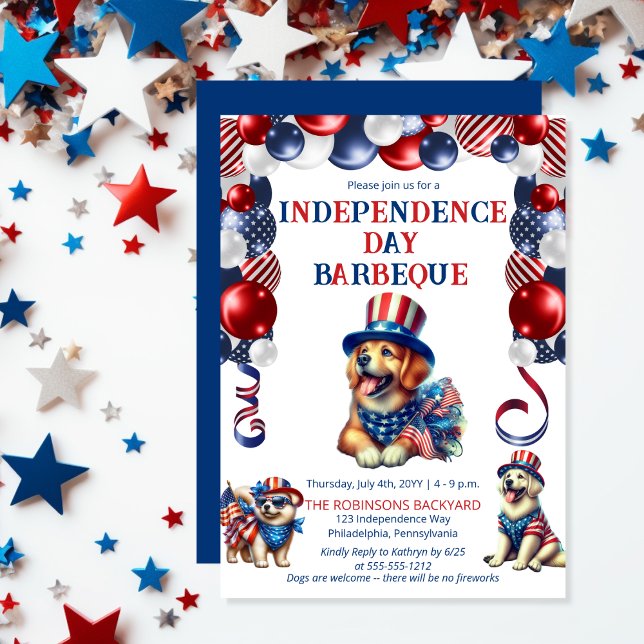 Invitation Chien Friendly Pas de feux d'artifice 4 juillet fê (Balloon Arch Cute Dogs Dog-Friendly Independence Day BBQ July 4 Invitation)