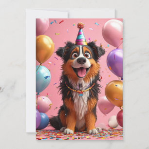 Invitation Chien heureux célébrant son anniversaire avec un g