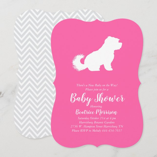 Invitation Chien maltais Baby shower fille rose (Devant / Derrière)