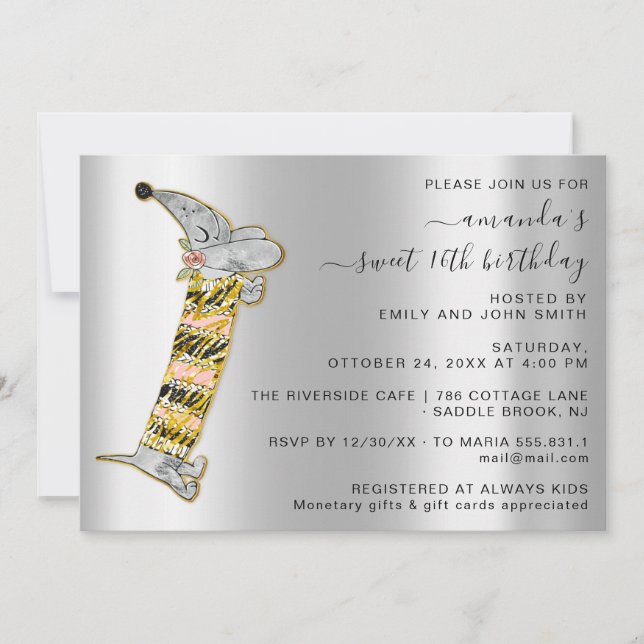 Invitation Chien mignon Doux 16e fête d'anniversaire Silver G (Devant)