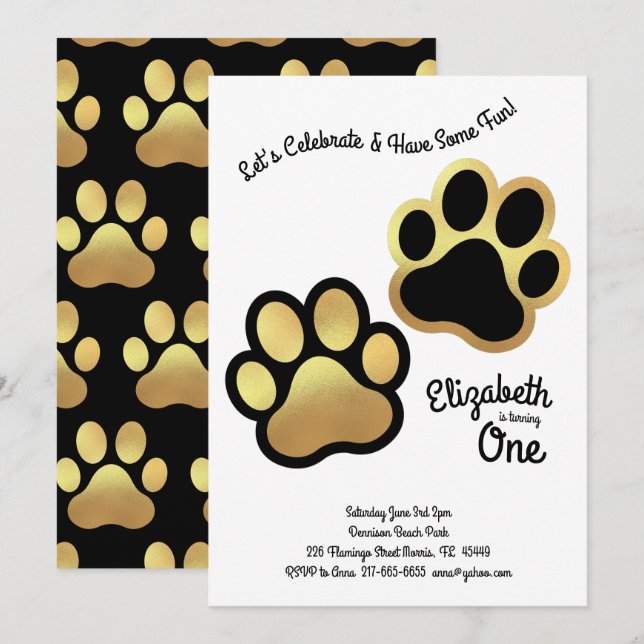 Invitation Chien mignon Empreinte de patte Enfants 1er Annive (Devant / Derrière)