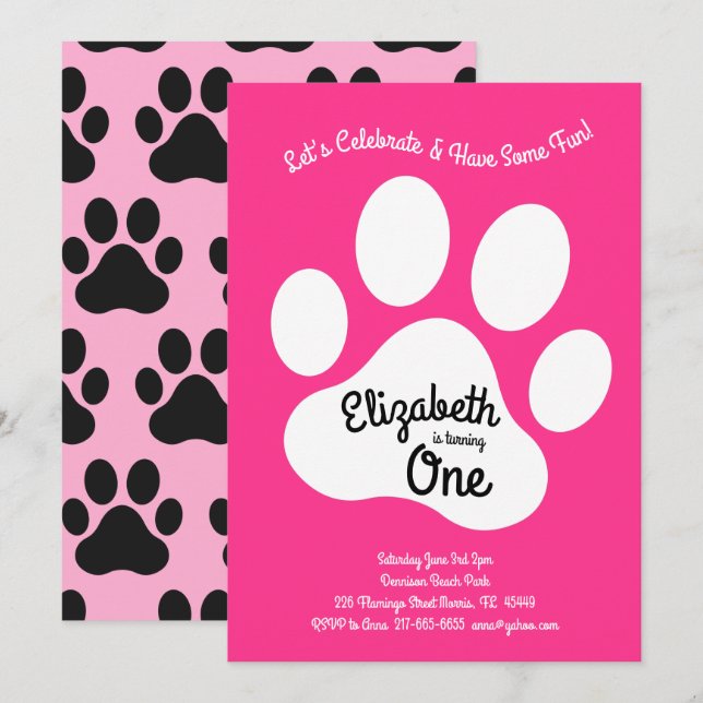 Invitation Chien mignon Empreinte de patte Enfants 1er annive (Devant / Derrière)