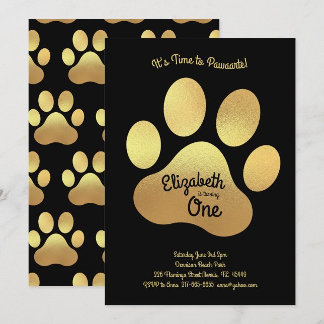 Invitation Chien mignon Empreinte de patte Enfants 1er Annive (Devant / Derrière)