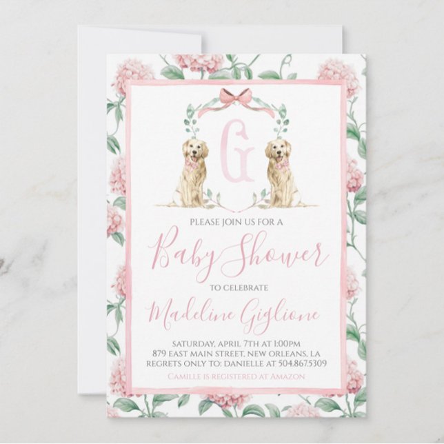 Invitation Chien rose Baby shower Fille Floral Preppy Sud (Créateur téléchargé)