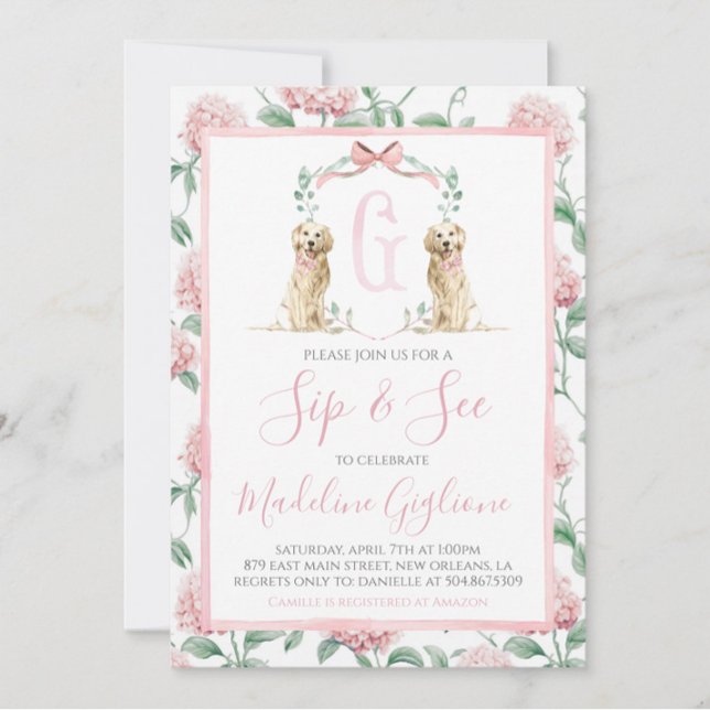 Invitation Chien rose Sip et voir Floral Preppy Sud (Créateur téléchargé)