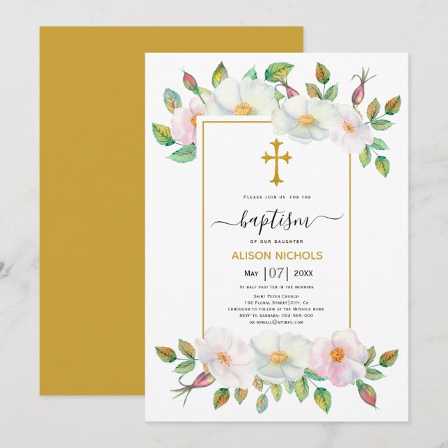 Invitation Chien sauvage blanc et rose rose or floral Baptême (Devant / Derrière)