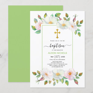 Invitation Chien sauvage blanc et rose roses vert floral Bapt