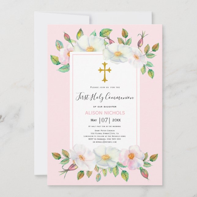 Invitation Chien sauvage blanc rose floral brush Première com (Devant)