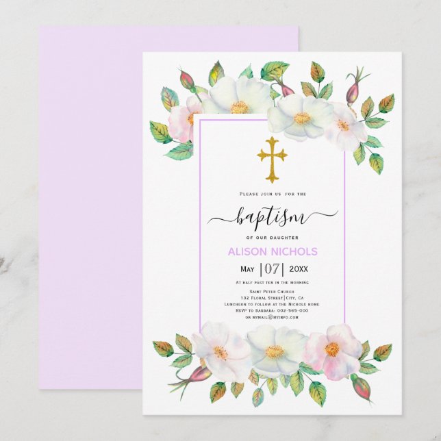 Invitation Chien sauvage blanc rose lavande floral Baptême (Devant / Derrière)