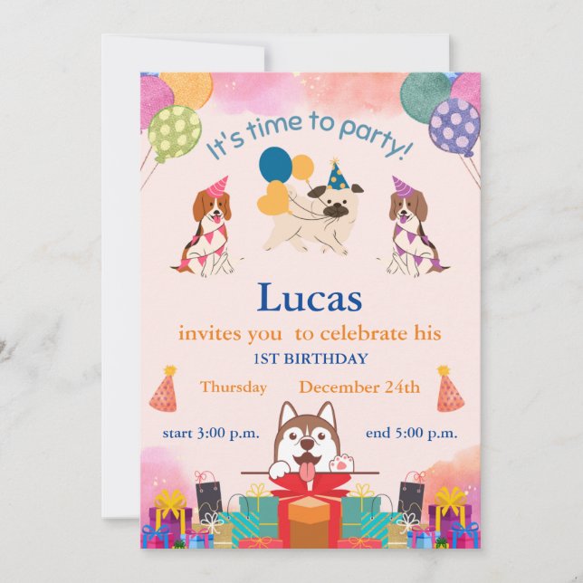 Invitation Chiens amusants 1er anniversaire (Devant)