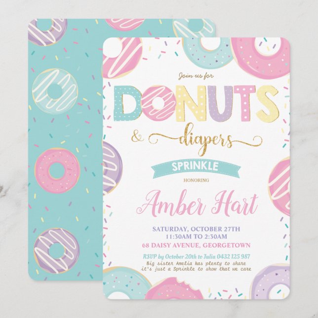 Invitation Chiens chics et Diapers Baby shower Gold Girl (Devant / Derrière)