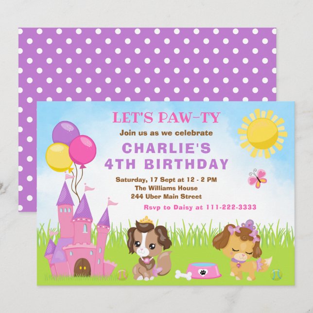Invitation Chiens de Chiens de Chien Chateau Rose Anniversair (Devant / Derrière)