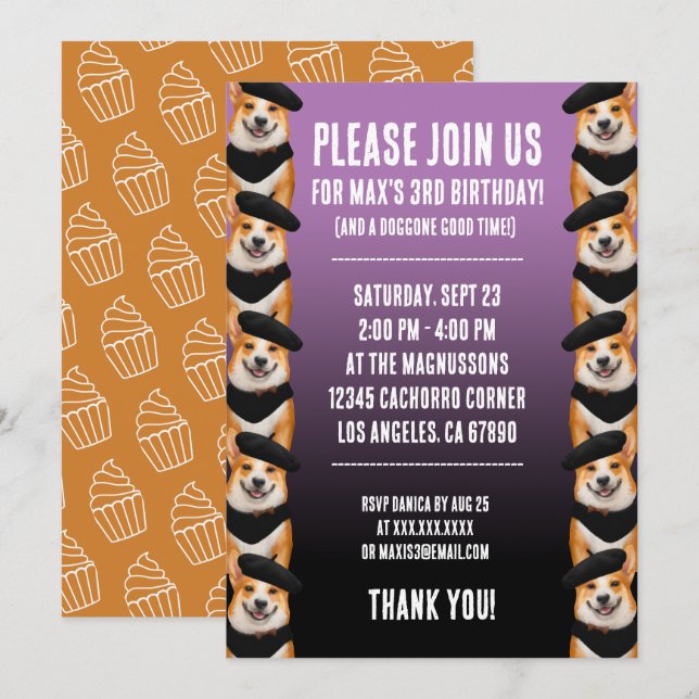 Invitation Chiens de Corgi Chic Cute Joyeux Anniversaire (Devant / Derrière)