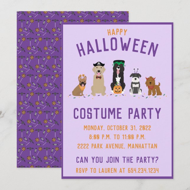 Invitation Chiens de la fête du costume d'Halloween (Devant / Derrière)