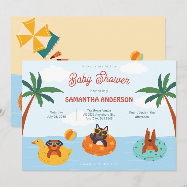 Invitation Chiens d'été sur le Baby shower de plage (Devant / Derrière)