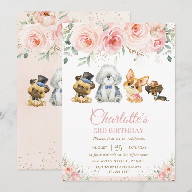 Invitation Chiens mignons Chiens Blush Rose Floral Girl Anniv (Devant / Derrière)