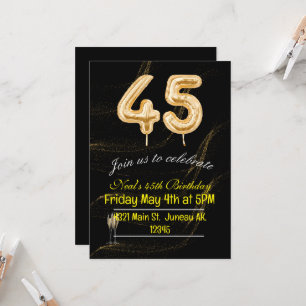 Invitation chiffres de ballons noirs et or pour 45