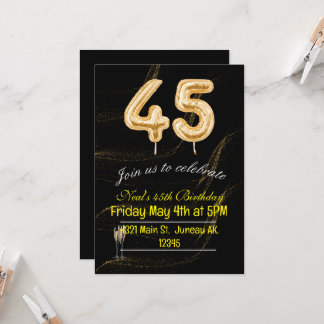 Invitation chiffres de ballons noirs et or pour 45