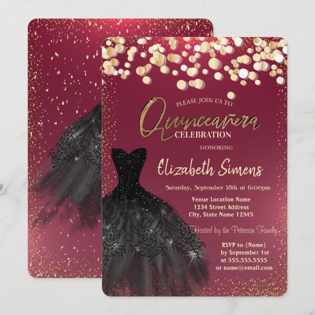 Invitation Chiffres en or chic, Robe Noire Bourgogne Quinceañ (Devant / Derrière)
