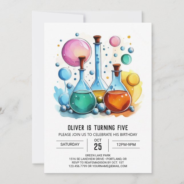 Invitation Chimie des aquarelles Mystère scientifique Anniver (Devant)