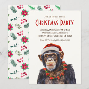 Invitation Chimpanzé Santa Hat Poinsettias Noël