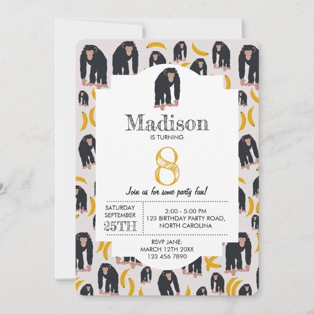 Invitation Chimpanzé singe et Anniversaire de enfant de banan (Devant)