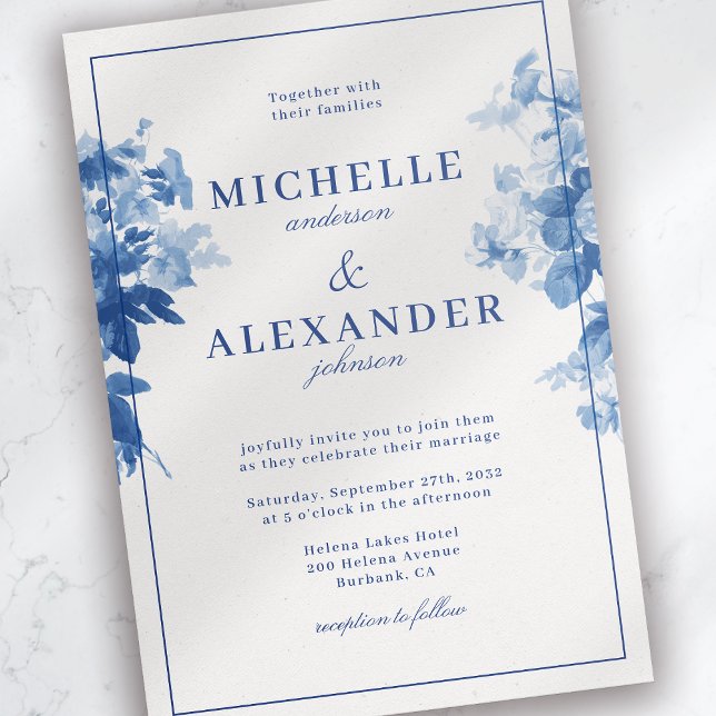 Invitation Chine Mariage floral bleu aquarelle (Créateur téléchargé)