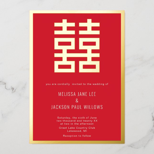 Invitation chinoise en feuille dorée Double Chance (Recto)