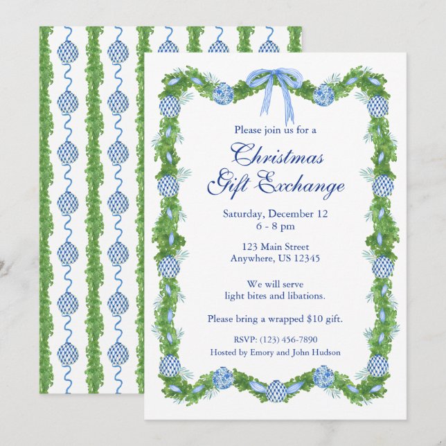 Invitation Chinoiserie Aquarelle bleu Ornement Garland Party (Devant / Derrière)