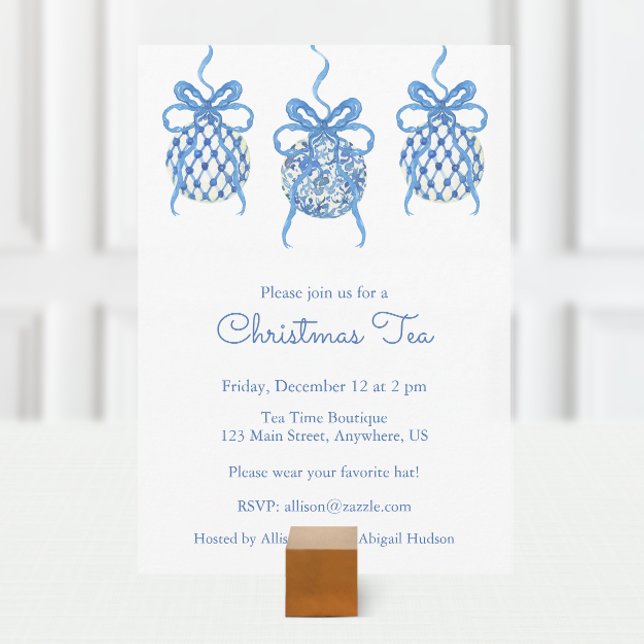 Invitation Chinoiserie Aquarelle Bleu Ornement Noël (Créateur téléchargé)