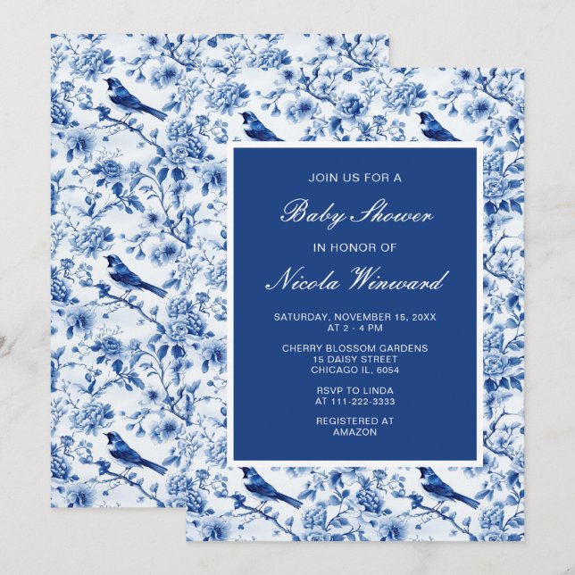 Invitation Chinoiserie Baby shower des oiseaux et fleurs bleu (Devant / Derrière)