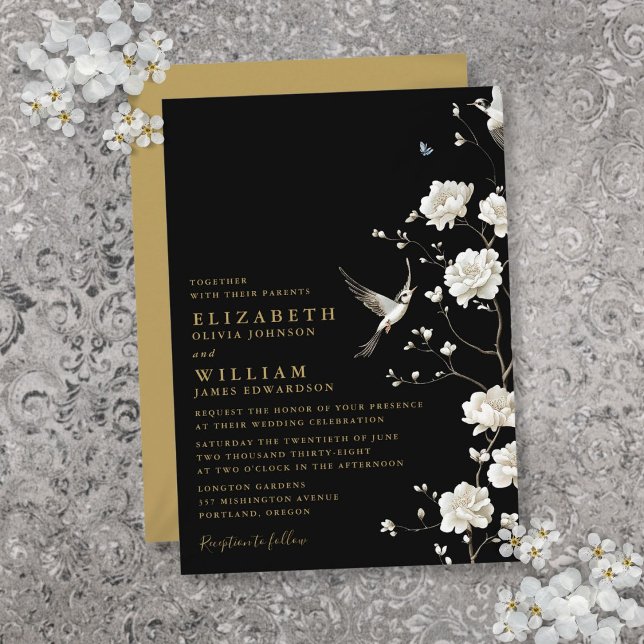 Invitation Chinoiserie Black Et Gold Jardin Floral Mariage (Créateur téléchargé)
