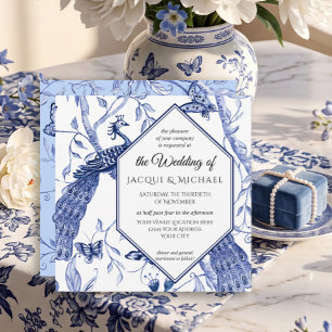 Invitation Chinoiserie Bleu de Marine Paon Papillon Hexagone