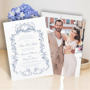 Invitation Chinoiserie bleu photo enregistrer la date