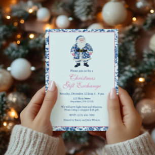 Invitation Chinoiserie bleue et rose Toile Noël Père Noël