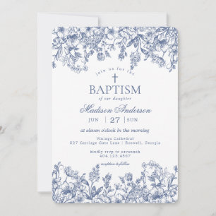 Invitation Chinoiserie Bleue Fleurie Vintage Baptême